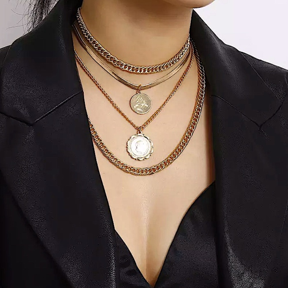 GOLD COIN VINTAGE MULTILAYER MINIMALIST NECKLACE - Picture 2 of 7